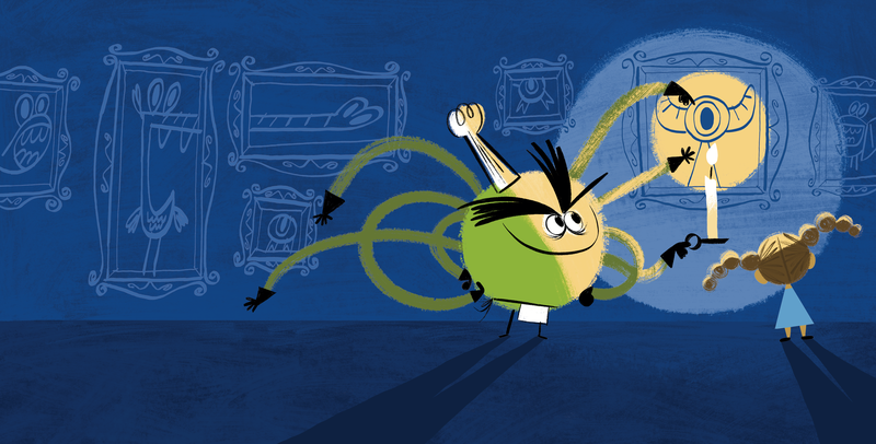 monster and child in a hallway